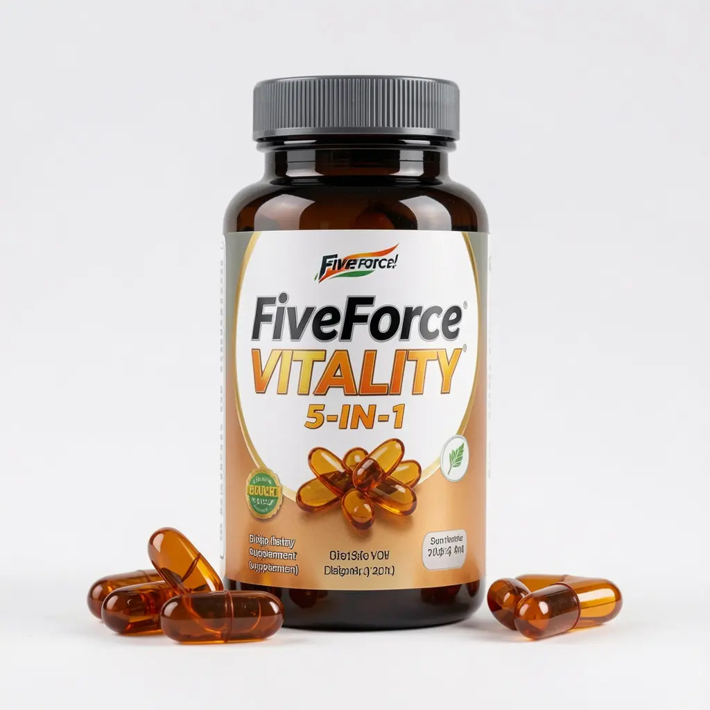 FiveForce Vitality 5-in-1 dietary supplement bottle with amber capsules on a clean background